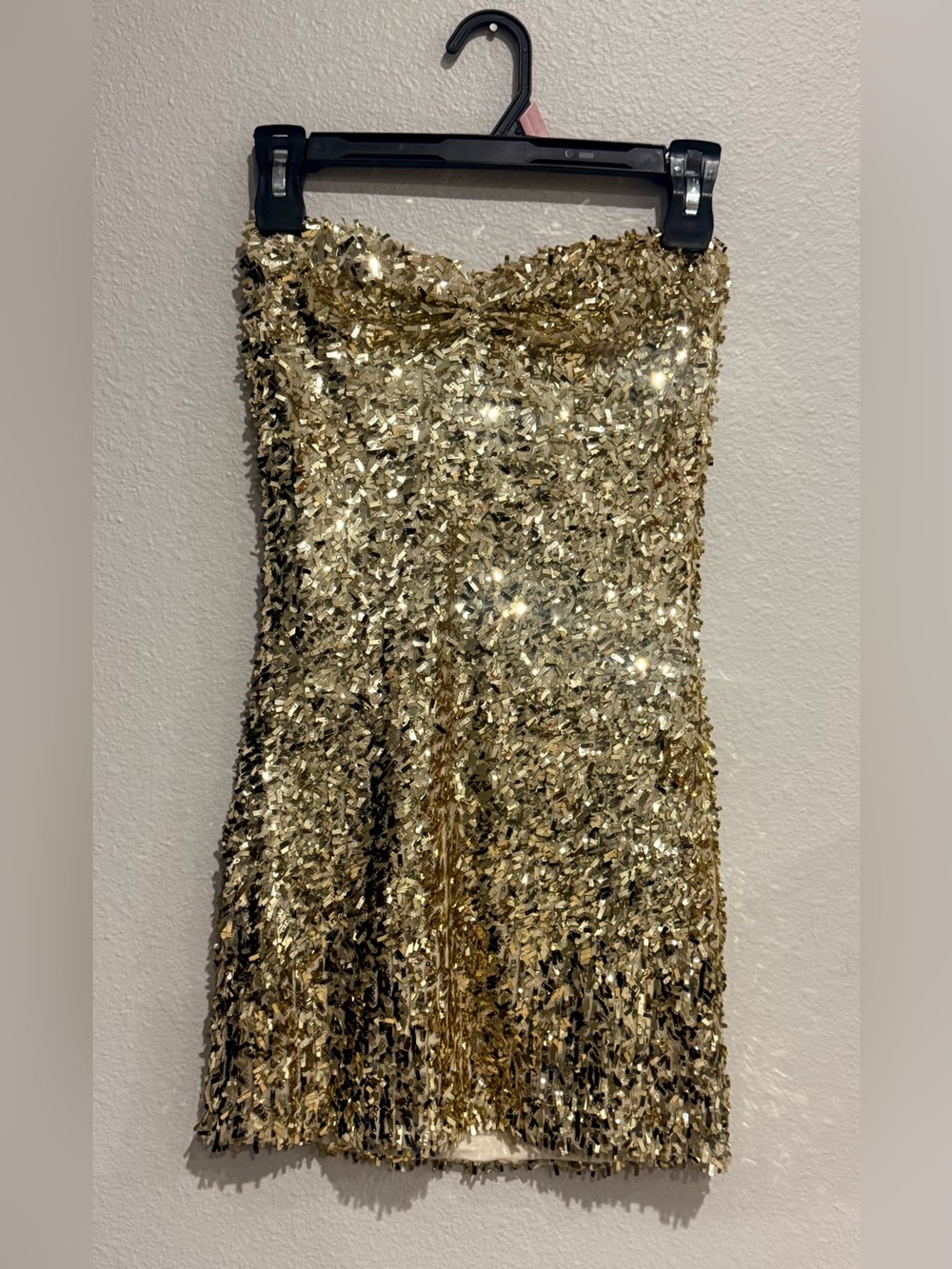 Gold Sequin Strapless stretchy mini dress.